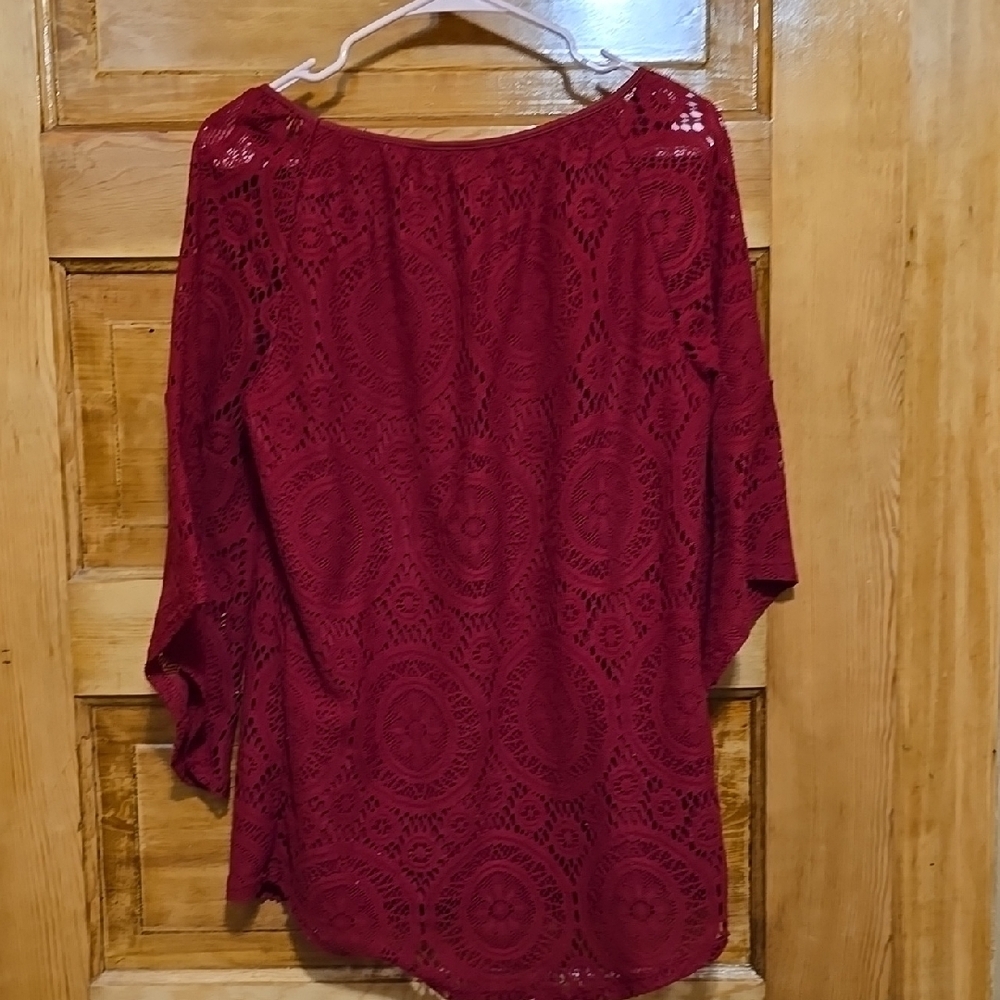 Tacera Boho Red Lace Batwing 3/4 Sleeve Blouse M - Picture 4 of 4